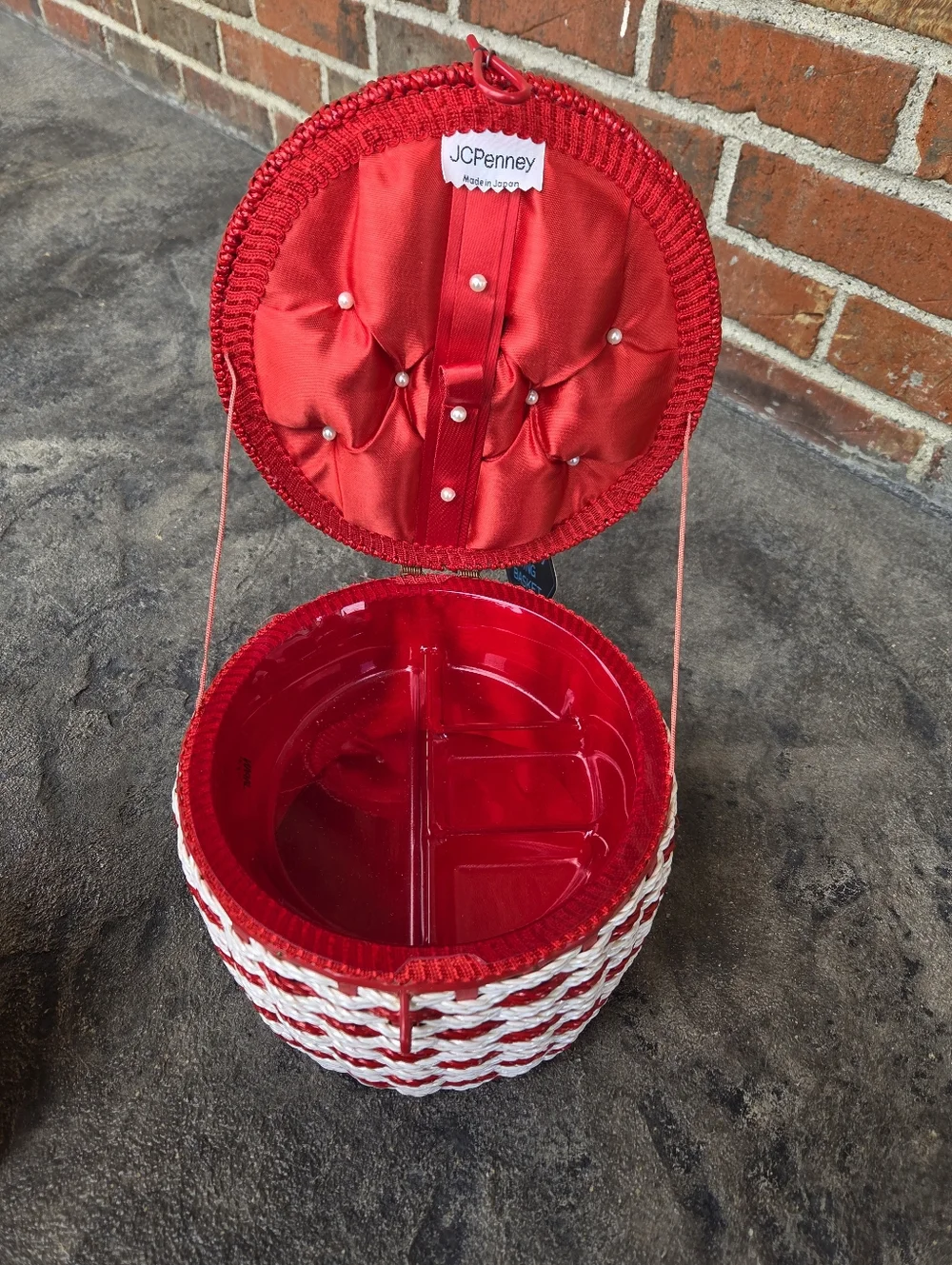 Vintage JCPenney Red and White Woven Sewing Basket with Gingham Lid